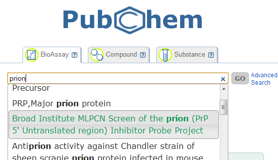 Screenshot of PubChem while searching for antiprion screens